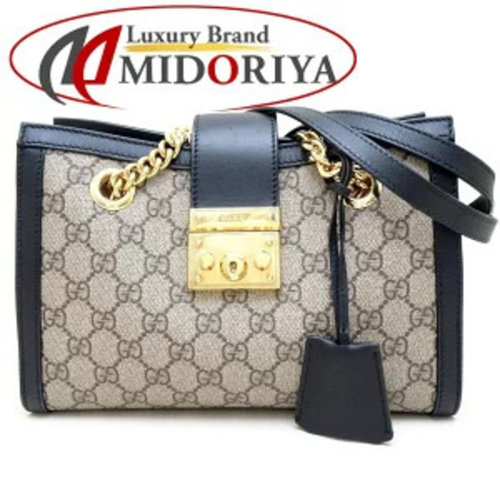 GUCCI GG Shoulder Bag Padlock Leather Supreme Canvas Beige Black
